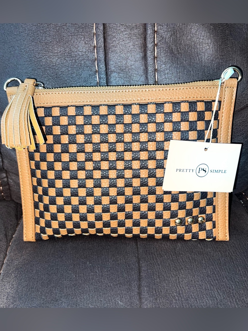 Two-Tone Tan and Black Woven Crossbody/Wristlet